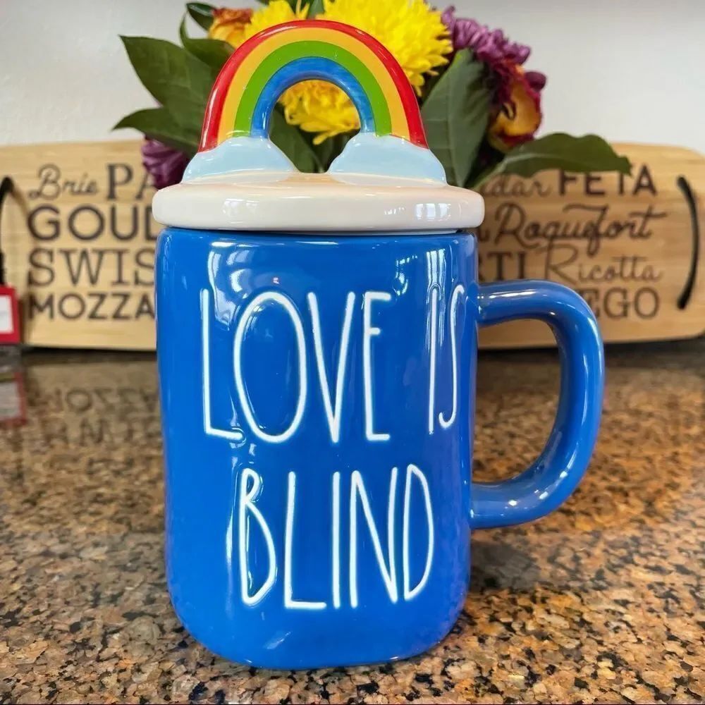 NWT RAE DUNN Rainbow 🌈 Figural Mug Love Is Blind Blue With Lid Pride Decor New